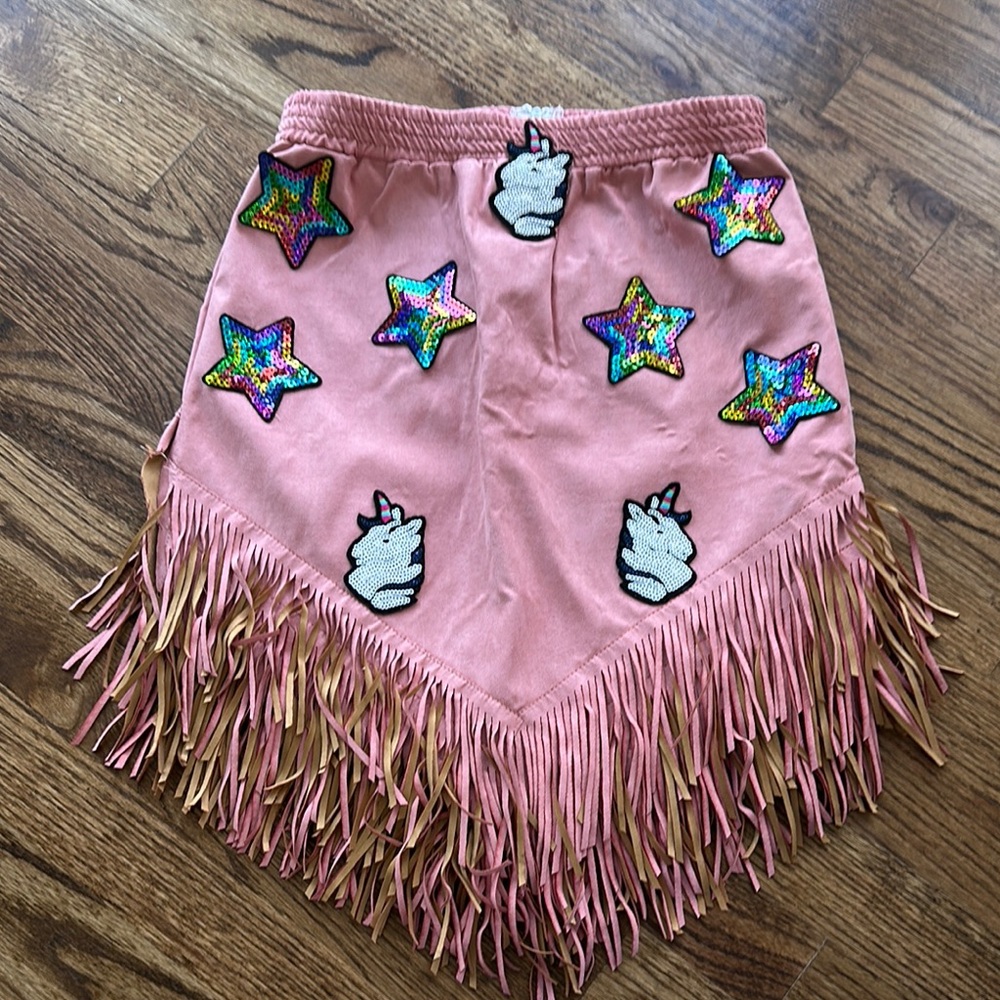 Chasing Fireflies Pink Fringe Skirt with Unicorn and Star Patches